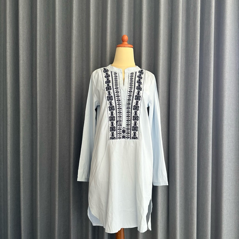 𝙋𝙍𝙀𝙇𝙊𝙑𝙀𝘿 Baby Blue Stripes Bordir Embroidered Long Sleeve Midi Dress Tunik Lebaran Mewah