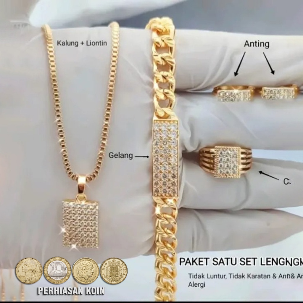 Satu Set Perhiasan Kotak Full Permata, Set Perhiasan Wanita Dewasa Perhiasan Emas 24K Terlaris Titan