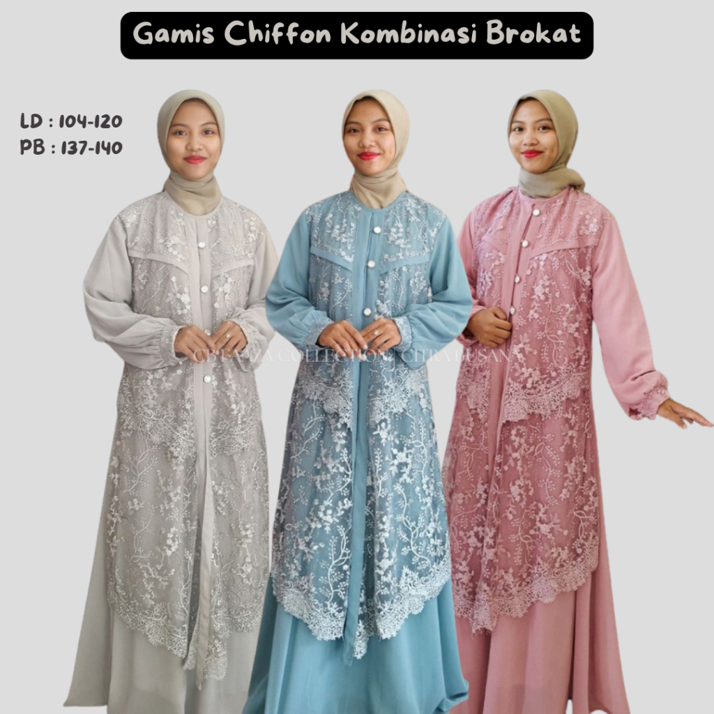gamis polos kombinasi brokat bahan chiffon | alwa