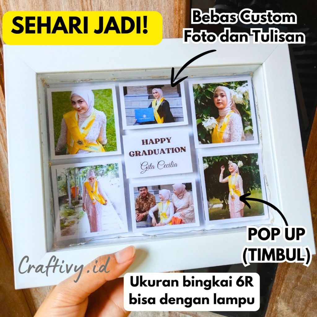 FRAME POP UP 6R KADO BINGKAI FOTO CUSTOM TULISAN KOLASE ANGKA LAMPU LED HAMPERS HADIAH ULANGTAHUN PE