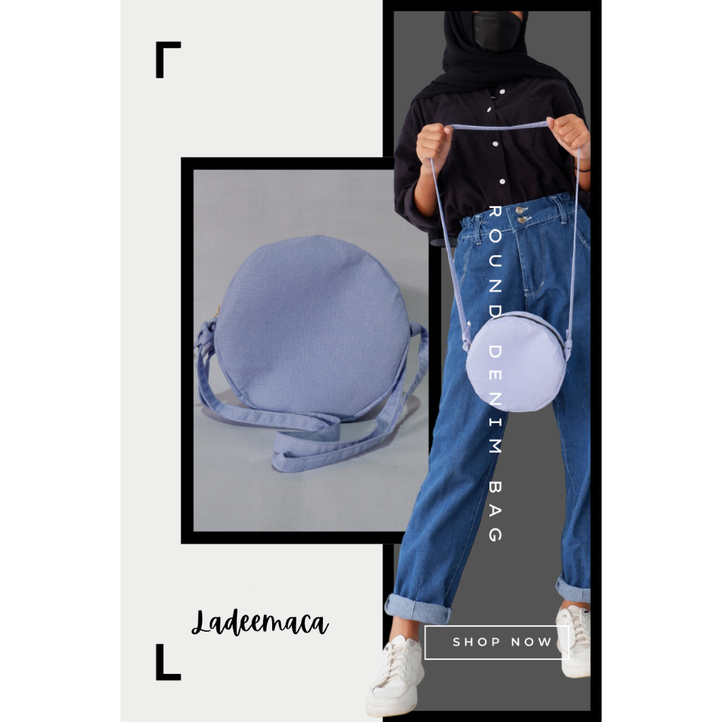 Blue Sky, Tas denim bundar Round Denim ShoulderBag,  Ladeemaca Jeans Tas Selempang jeans Bundar