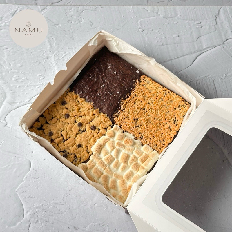 

4 in 1 Fudgy Brownies [ Namubakes ], marshmallow, cheese, crumble, seasalt brownies panggang, kue ulang tahun, kado, arisan