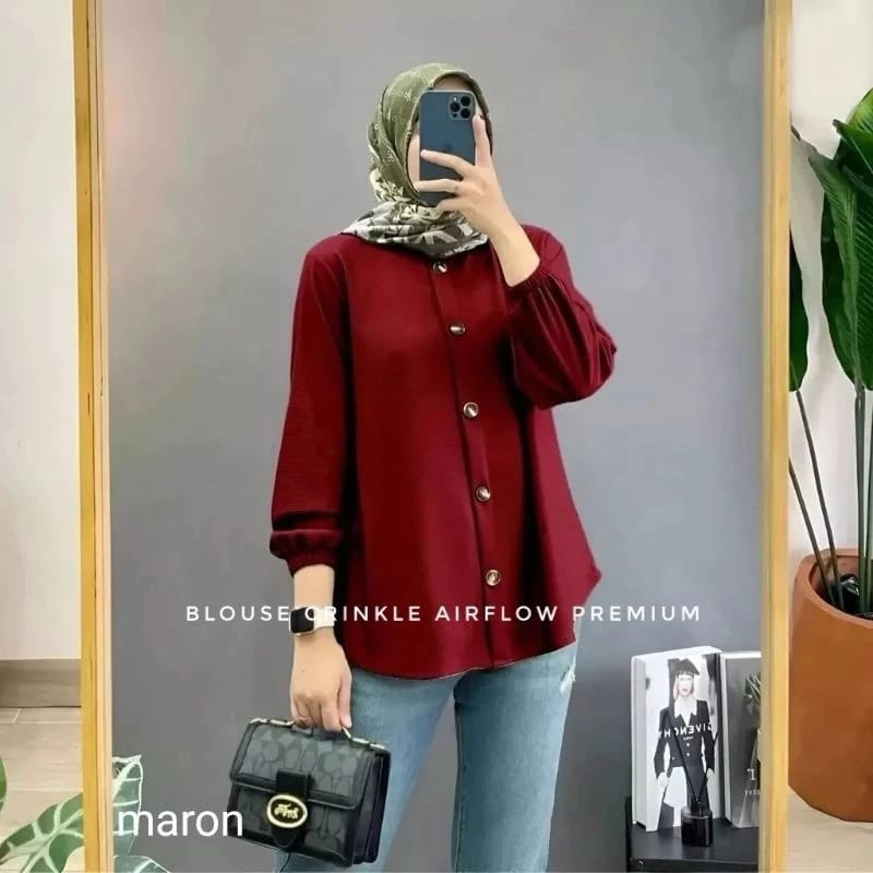 Blouse Crinkle Airflow Warna Maroon / Atasan Wanita lengan karet / Kemeja Oversize Polos