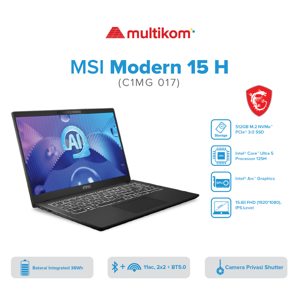 MSI Modern 15 H AI C1MG 018 Ultra 7 155H 16GB 512GB SSD 15.6″ FHD IPS W11 OHS