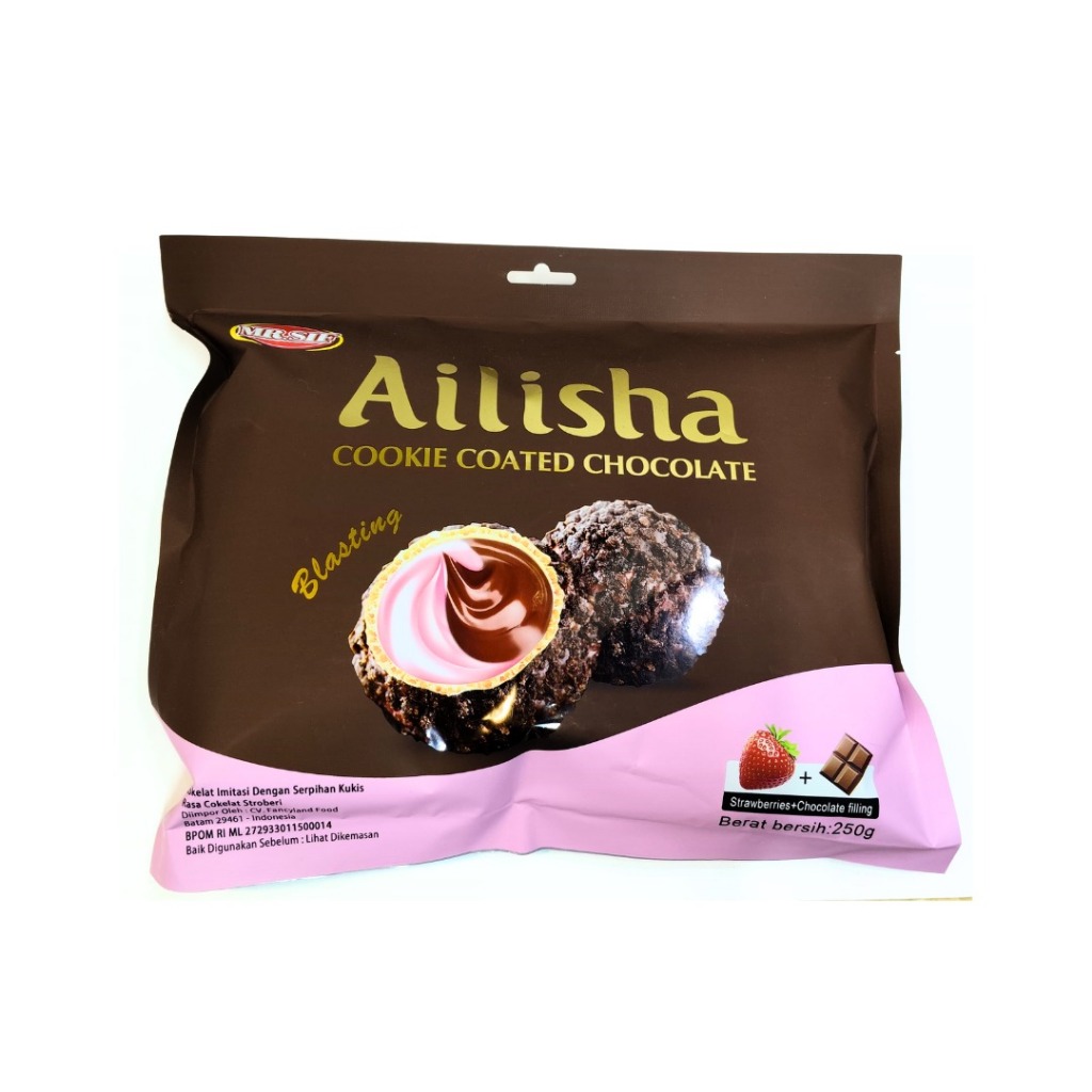 

Coklat Ailisha Strawberries Cookie Coated Chocolate 250 GRAM / Coklat Roka Blasting / Choco Cream Filled