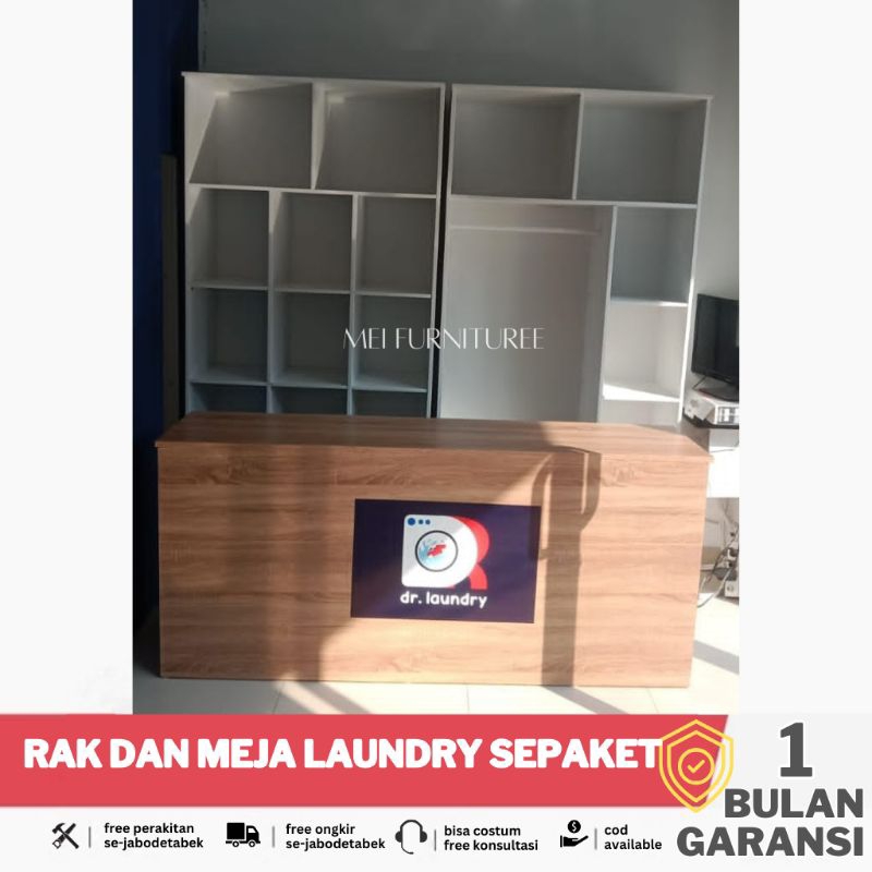 Lemari rak dan meja laundry sepaket murah - Rak display meja kasir etalase kayu