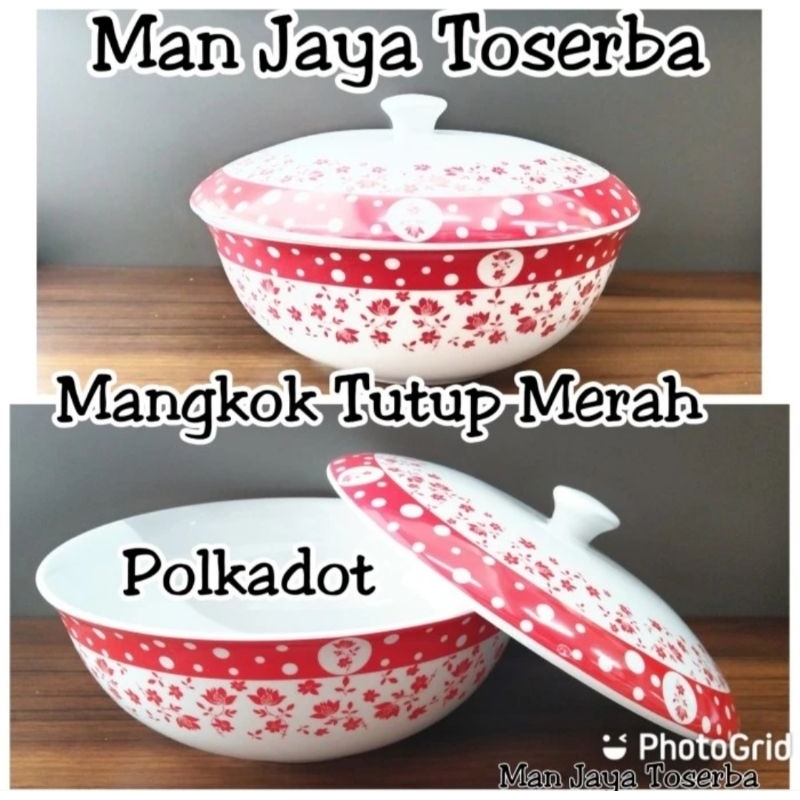 Mangkok keramik tutup polkadot motif bunga merah mangkok saji kopin porcelain