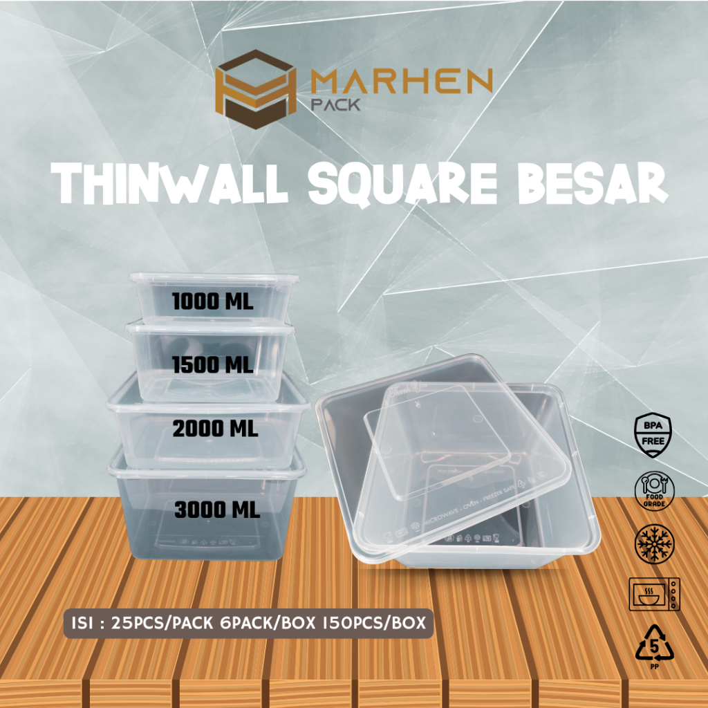 Thinwall Square Besar / Thinwall Persegi / Thinwall Kotak 1000ml 1500ml 2000ml 3000ml