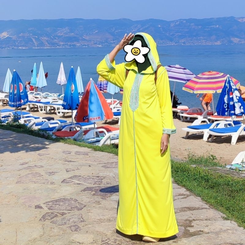 Baju Umroh Gamis Hoodie Djellaba Maroko Jalabah Jubah Kapucong Maroko Wanita Kuning Toska
