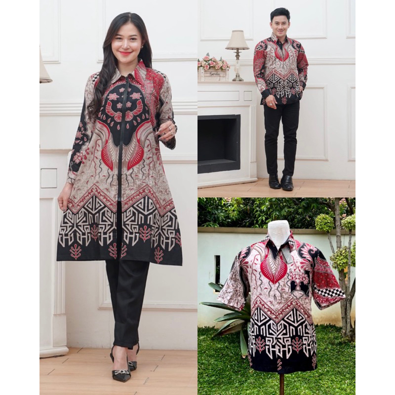 Sarimbit Tunik Dress Hem Panjang Hem Pendek Motif Batik Pola Merah Kotak Kotak Abu Seragaman