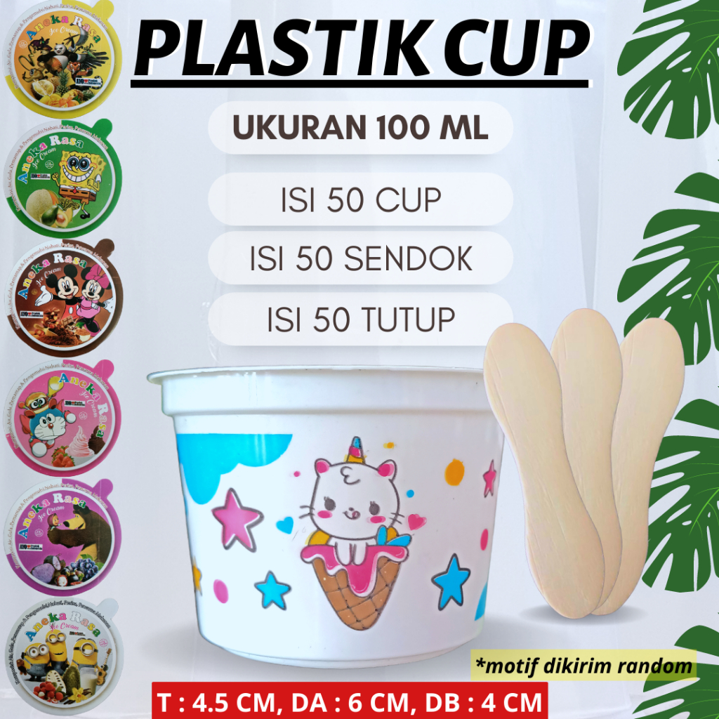 tempat es krim ukuran 100ml - cup es krim lengkap tutup dan sendok - cup es cream ice cream motif IS