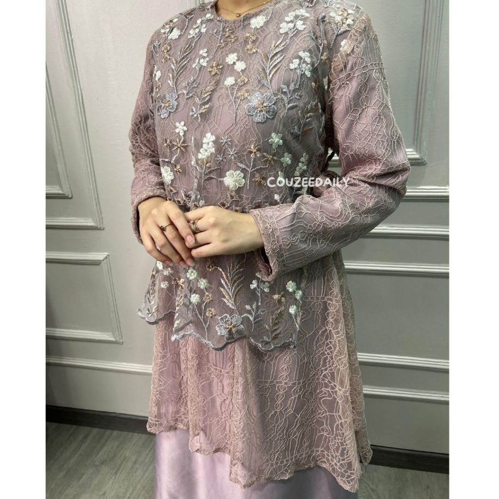 KAHLA DRESS SET OUTER BAHAN SATIN MIX CHANTILY TULLE GARDEN BUSUI SIZE M-XXL JUMBO NEW MOTIF BUSANA 