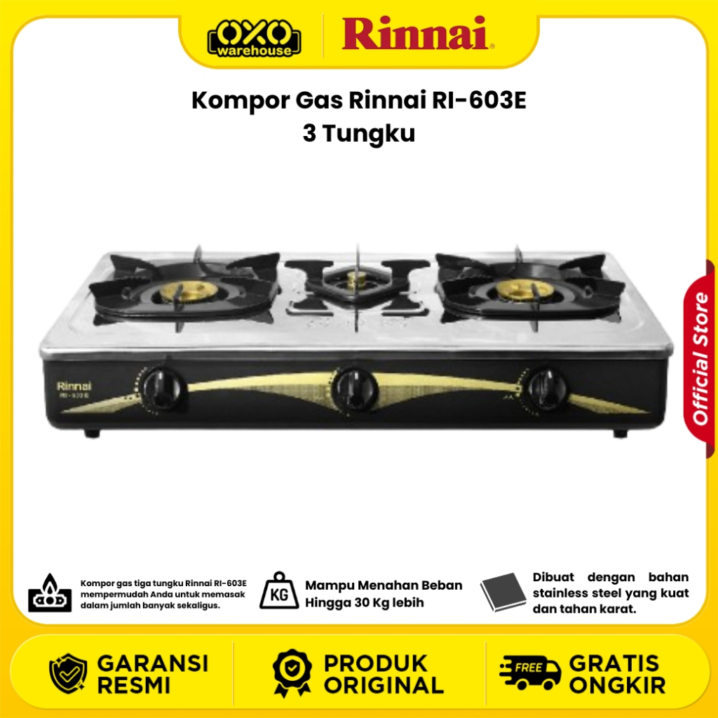 Rinnai Kompor Gas RI-603E 3 Tungku Grill Garansi Resmi