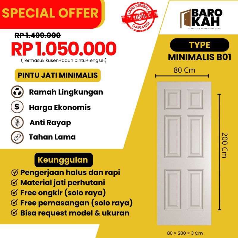 Satu Set Pintu Utama Jati (pintu+kusen) Tipe Minimalis B01 || 80×200×3Cm /Pintu Utama/Pintu