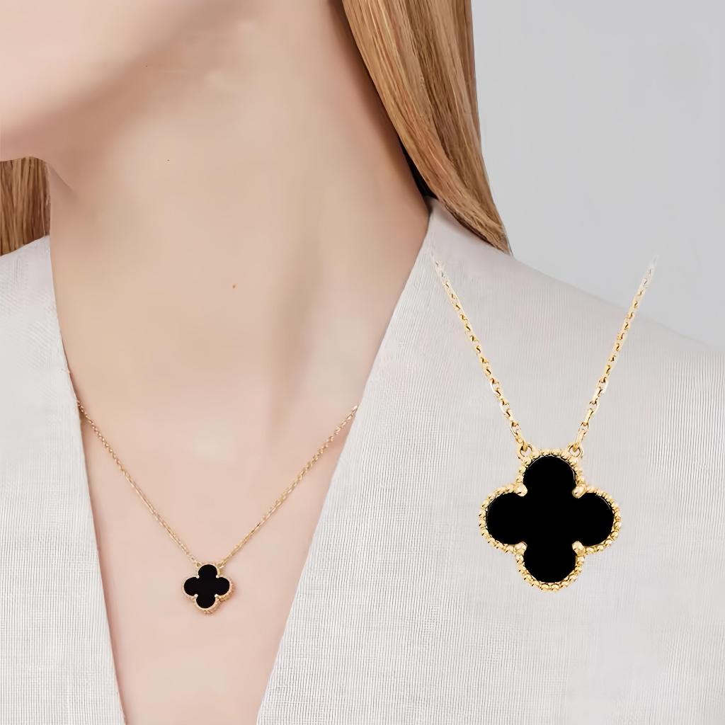 Kalung wanita emas asli 17K - kalung akik hitam - kalung semanggi berdaun empat