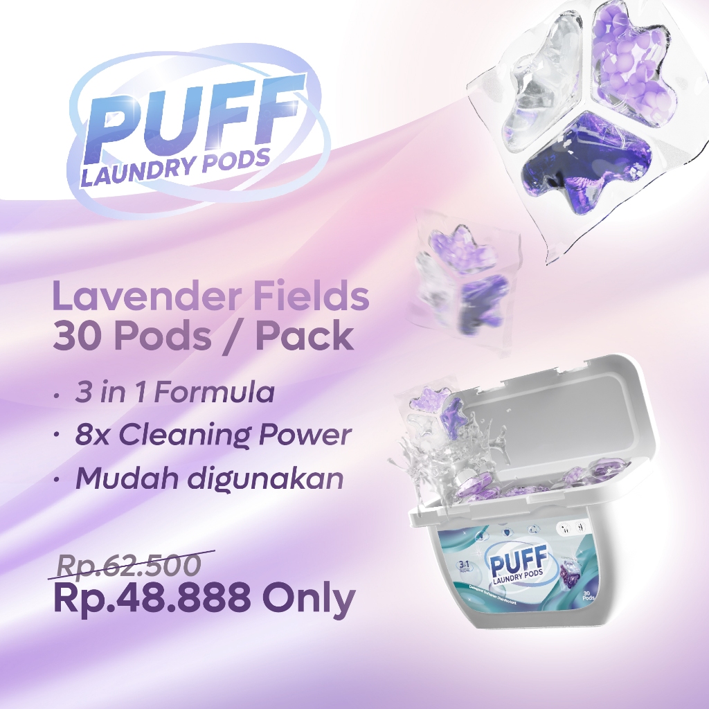 Puff 3 in 1 Laundry Pods | isi 30 kapsul | Lavender Fields Deterjen Kapsul Biji Pencuci baju deterge