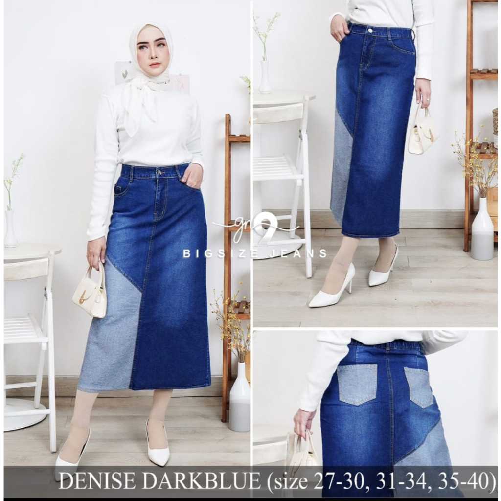 Bakti Shop-Rok Jeans Denise Light Blue dan Dark Blue Import-Rok Denim Kombinasi Warna Terbaru