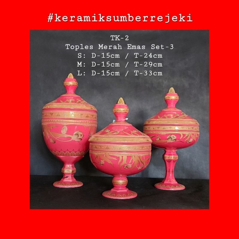 Toples Keramik Piala Kaki Merah Emas Set3, Toples Keramik Piala Kaki Hijau Emas Set3