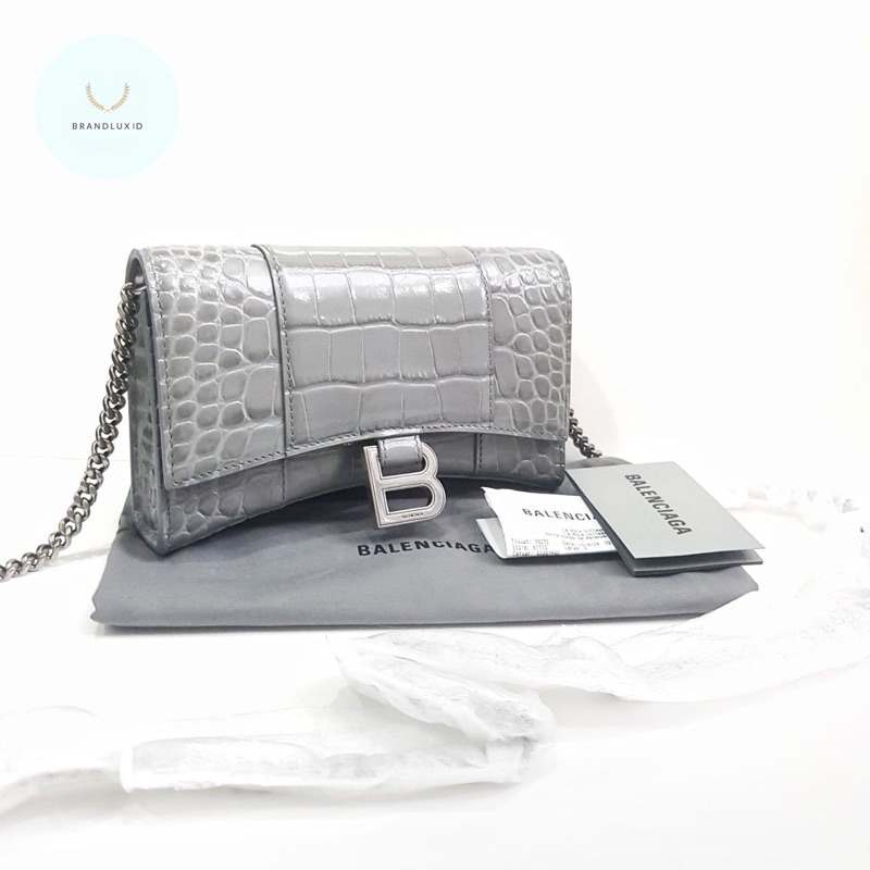 Balenciaga Hourglass WOC wallet on chain croco Grey leather SHW