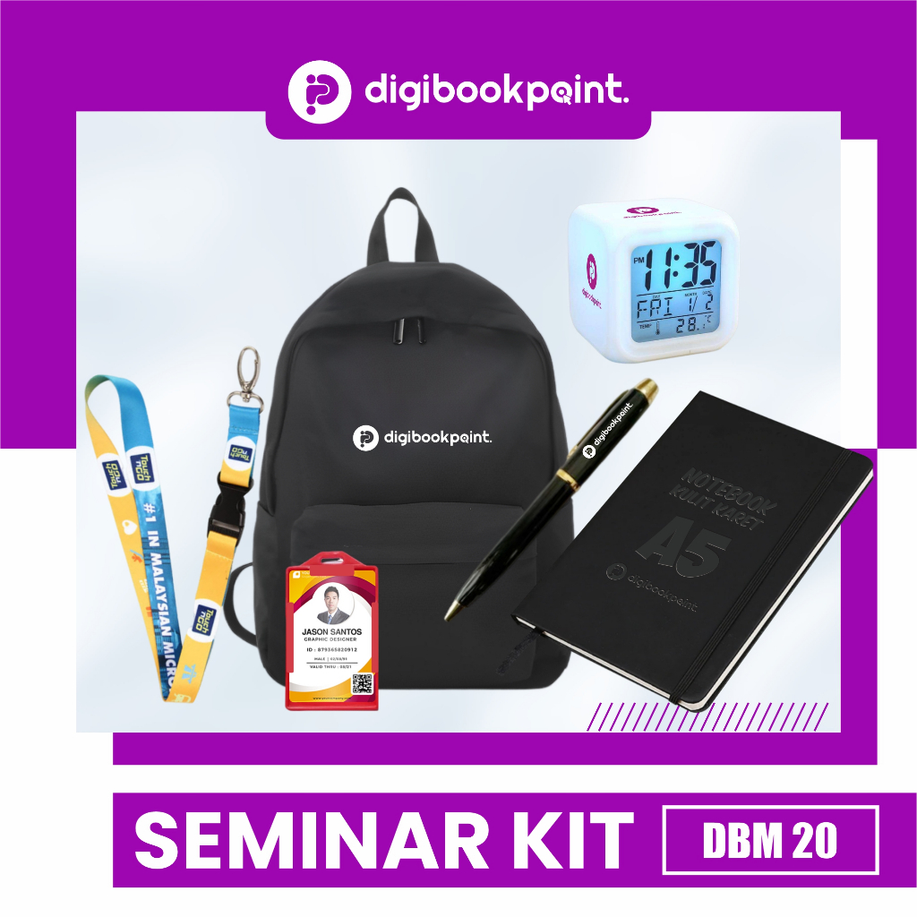 

Paket Seminar Kit Custom - Pulpen Besi Grafir, Notebook Kulit Karet A5, Tas Backpack D300, Jam Dinding Digital, Paket Lanyard - DBM 20
