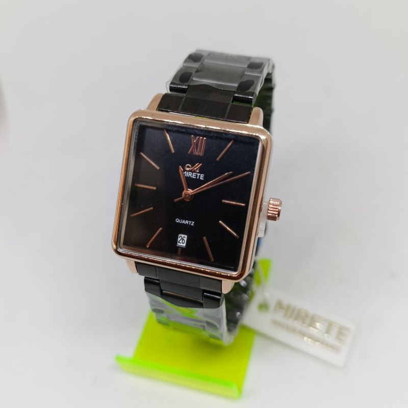 Jam Tangan Mirete Cewe Cowo Kotak Tali Rantai Stainless Stell Hitam Gold