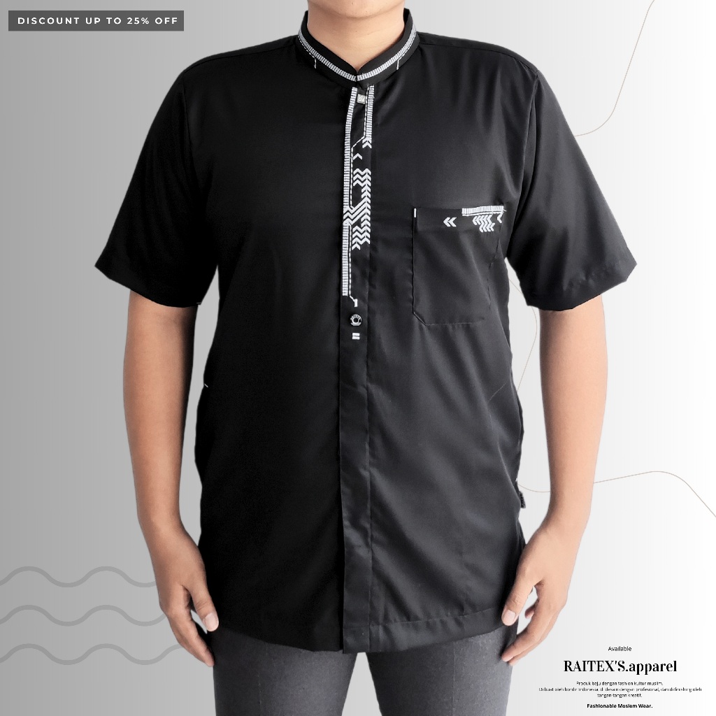 Baju Koko Bordir Minimalis Lengan Pendek Hitam Koko Taqwa Katun