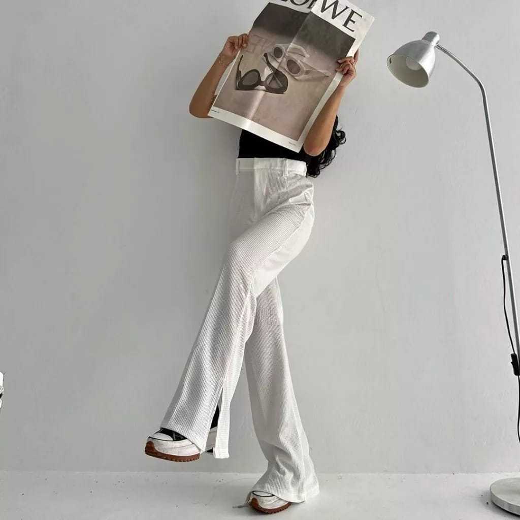 Celana Kulot Knit Waffle Slit - Celana Knit Waffle Highwaist Premium Waffle Knit Korean Style