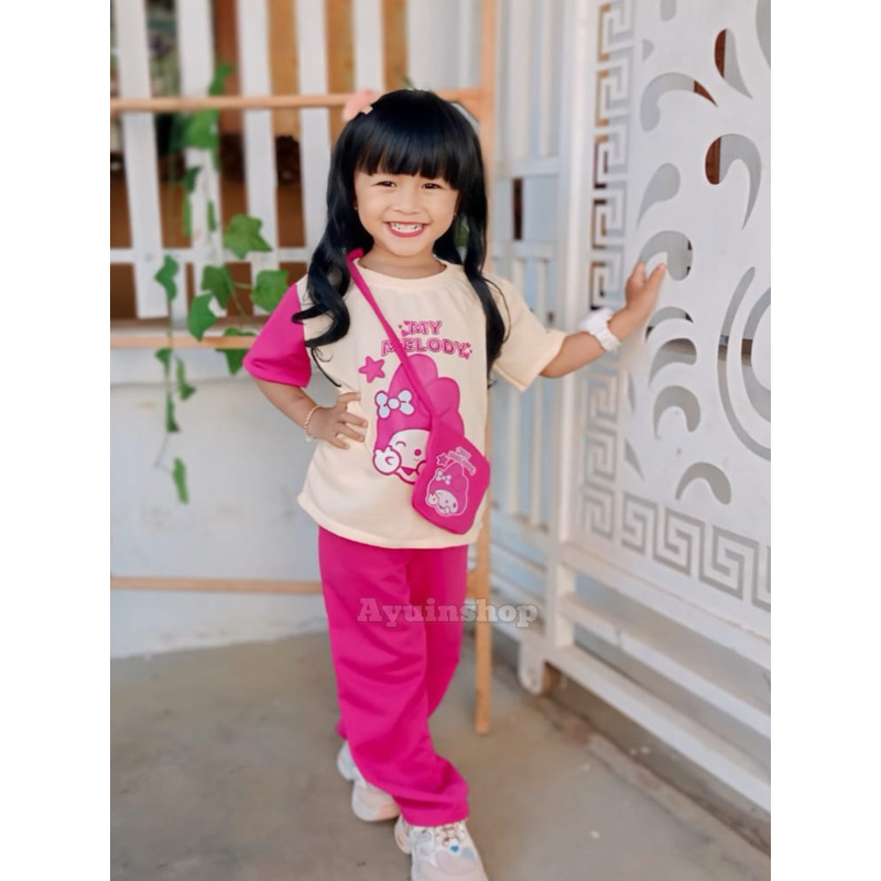 SETELAN ANAK PEREMPUAN MY MELODY VIRAL TERBARU 2-10 TAHUN FREE TAS SLEMPANG CANTIK LUCU BIKIN GEMES