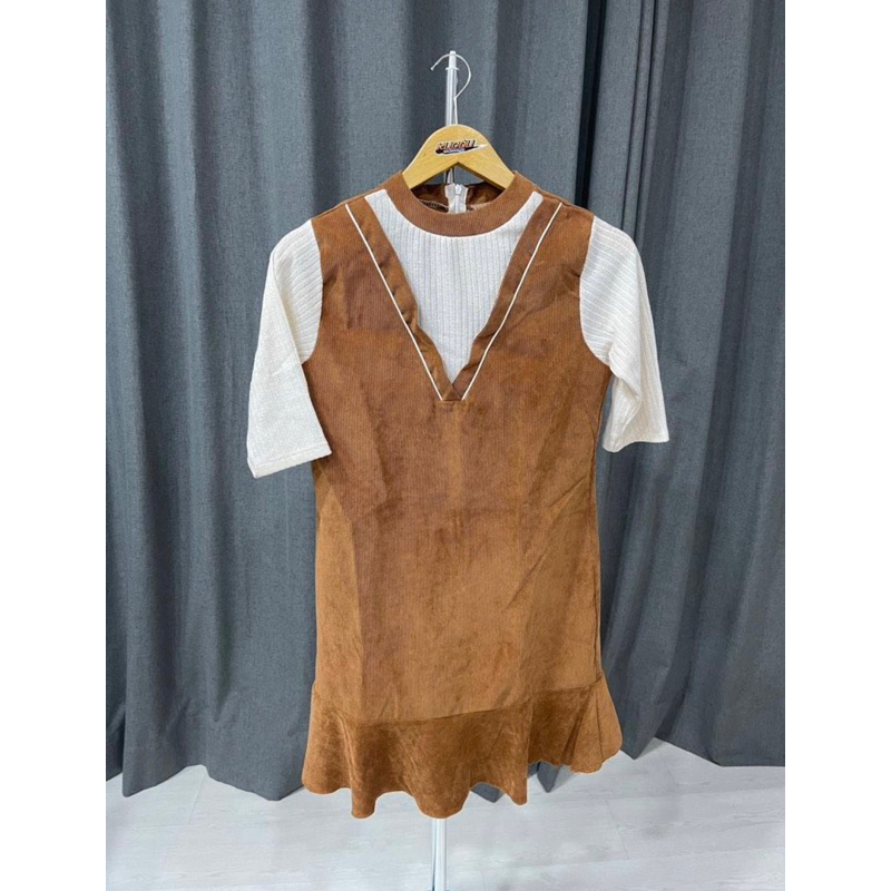 Baju Wanita Dress bludru lengan pendek Brown dress Terusan coklat Baju pesta dress pesta