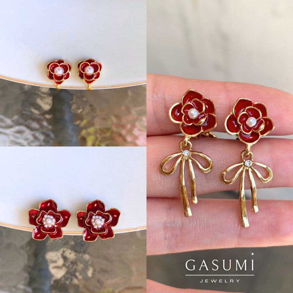 MAROON - Anting Tanpa Tindik Jepit Bunga Merah Cokelat Elegan Wanita Emas Earclip Flower Red Brown R