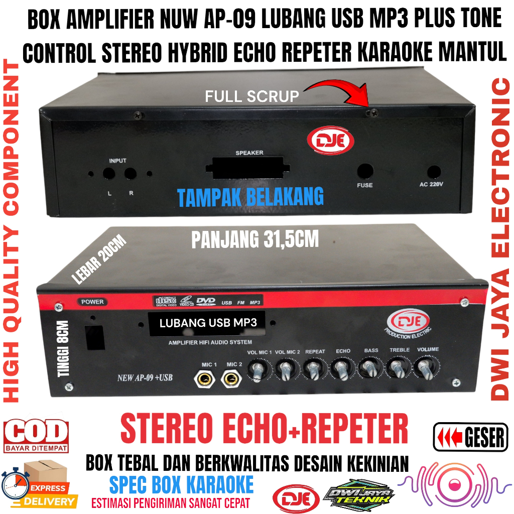 Box Amplifier Nuw AP-09 Plus Tone Control Stereo Hybris ECHO REPETER 7Potensio