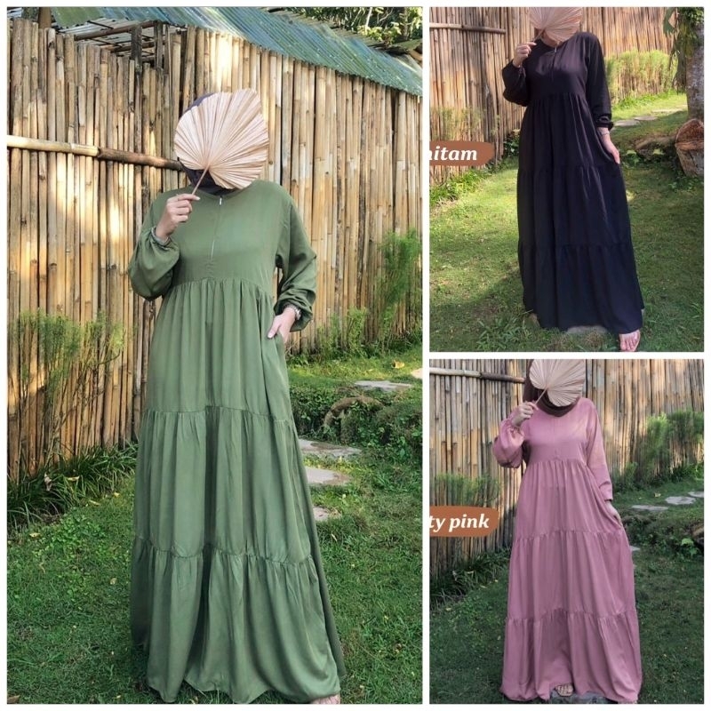 gamis umpak hitam pink sage rayon twill