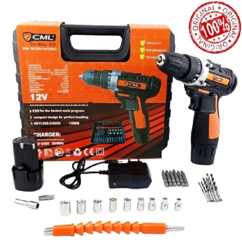 Mesin bor baterai set cml 12v 10mm bor cordless drill bor tangan cml
