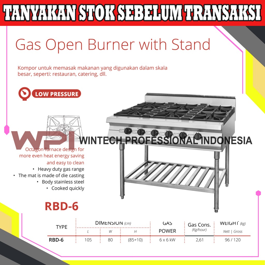 Getra RBD-6 Gas Open Burner With Stand Kompor Skala Besar 6 Tungku - Kompor Untuk Pemakaian Komersia