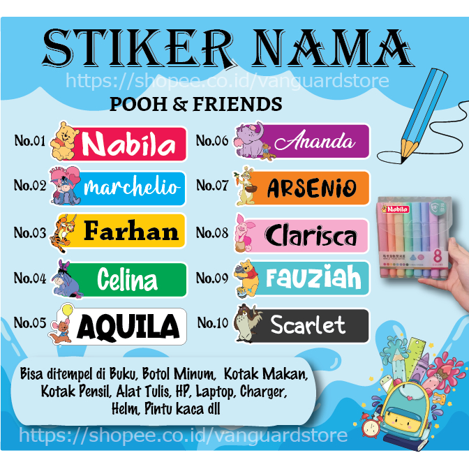 

STICKER LABEL NAMA KARAKTER POOH & FRIENDS SPIRITED AWAY STIKER LEBEL CUSTOM PREMIUM MURAH LUCU BISA TEMPEL DI BUKU KOTAK PENSIL ALAT TULIS BOTOL MINUM KOTAK MAKANAN HELM KOPER LAPTOP HP PINTU KACA