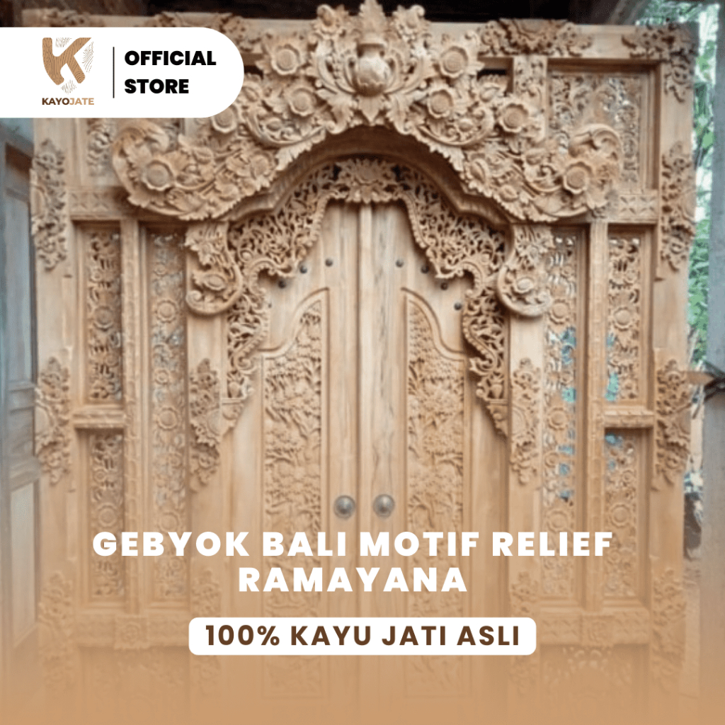 Pintu gebyok style bali jendela kanan-kiri motif relif ramayana kayu jati ukir Jepara Asli