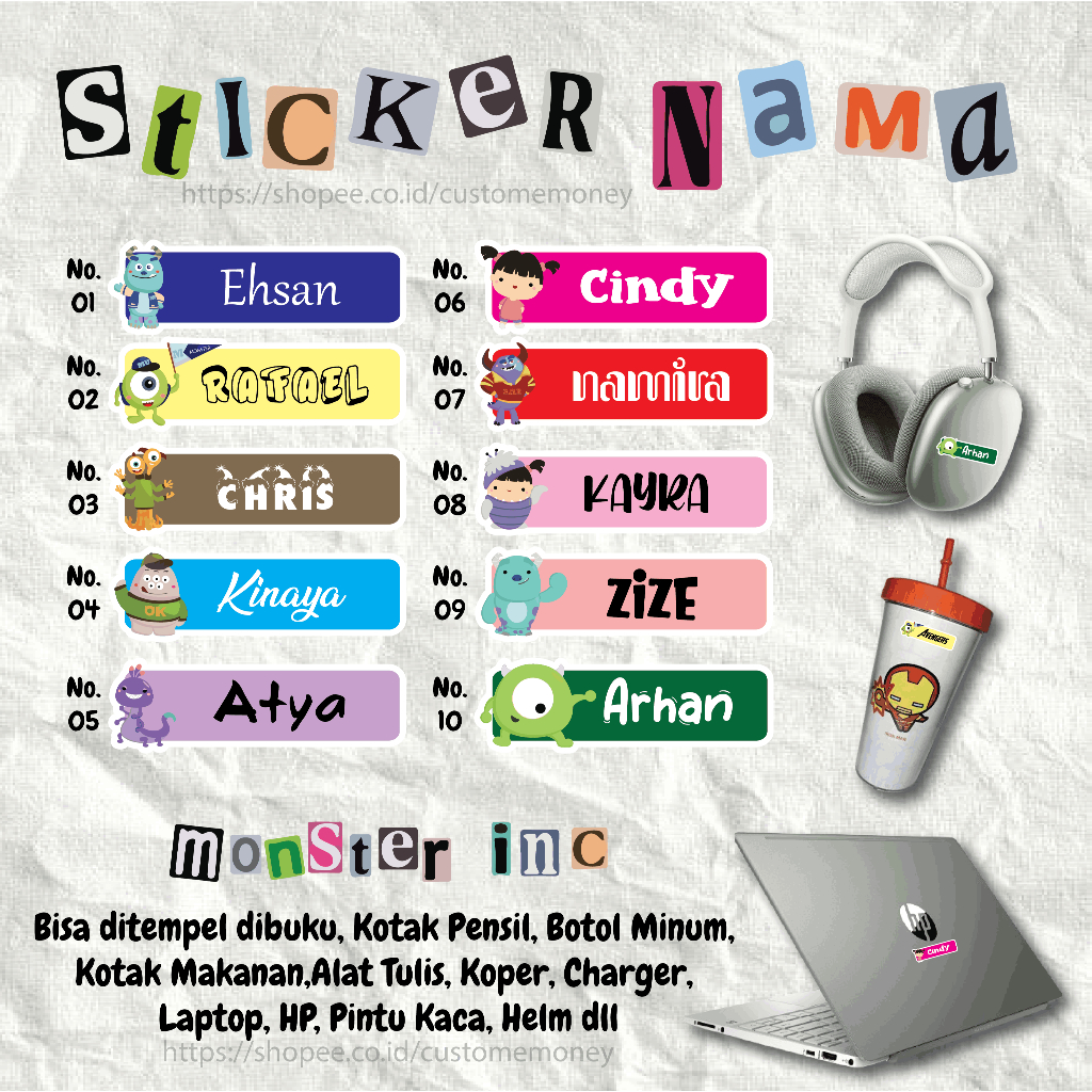 

STICKER LABEL NAMA KARAKTER KARTUN MONSTER INC CUTE LEBEL CUSTOM PREMIUM MURAH LUCU BISA TEMPEL DI BUKU KOTAK PENSIL HELM BOTOL MINUM KOTAK MAKANAN KOPER LAPTOP HP ALAT TULIS PINTU KACA