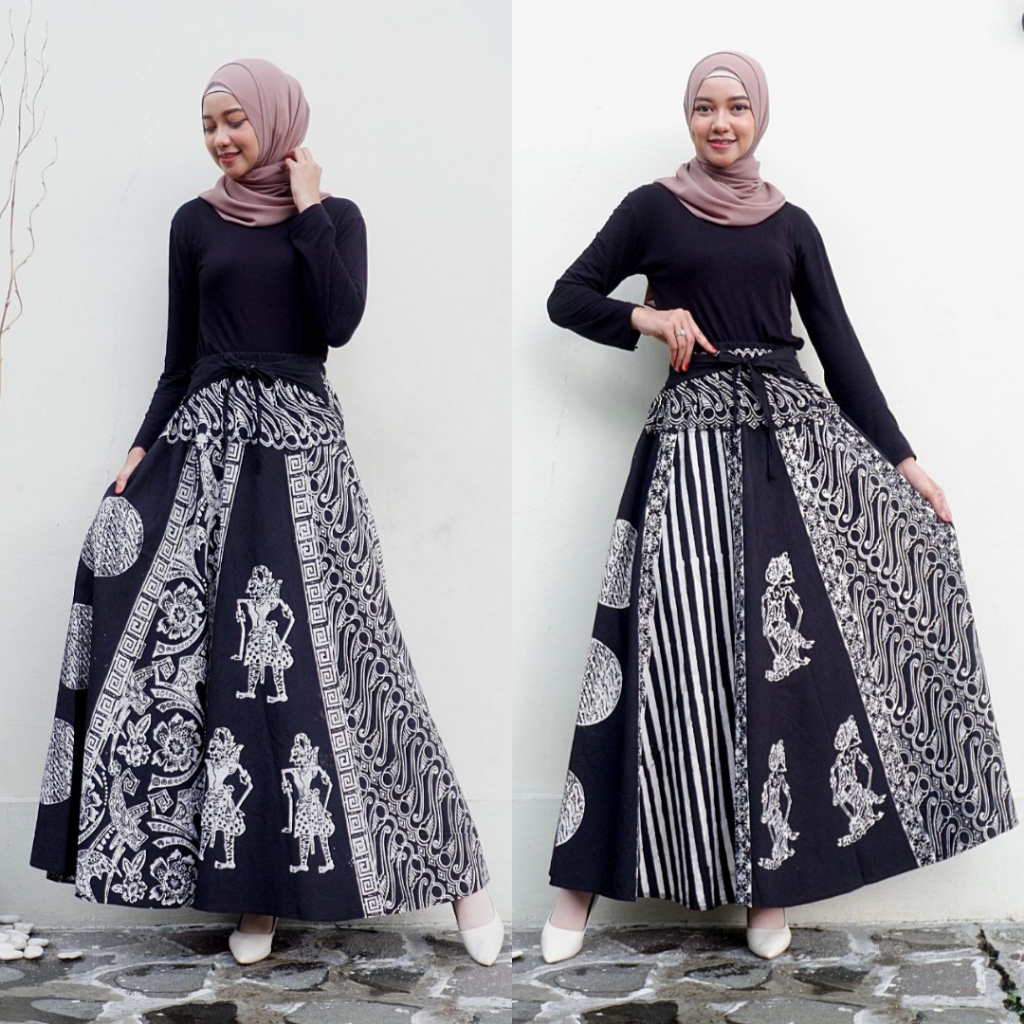 Rok Batik Cap Motif Wayang Seling Pinggang Karet Bahan Katun Tebal Premium Klok Bawah Lebar
