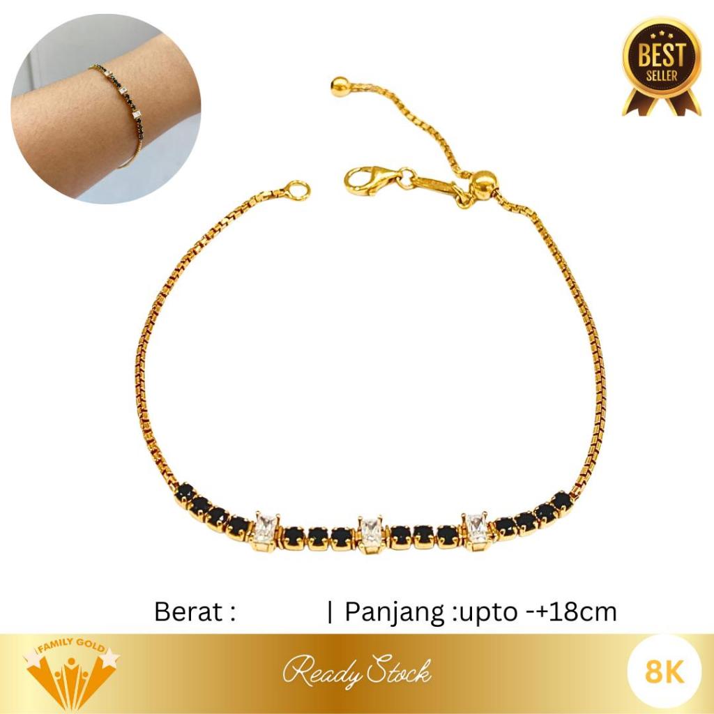 Gelang Emas Kadar 8K Model Listring Black White Serut Adjustable Family Gold