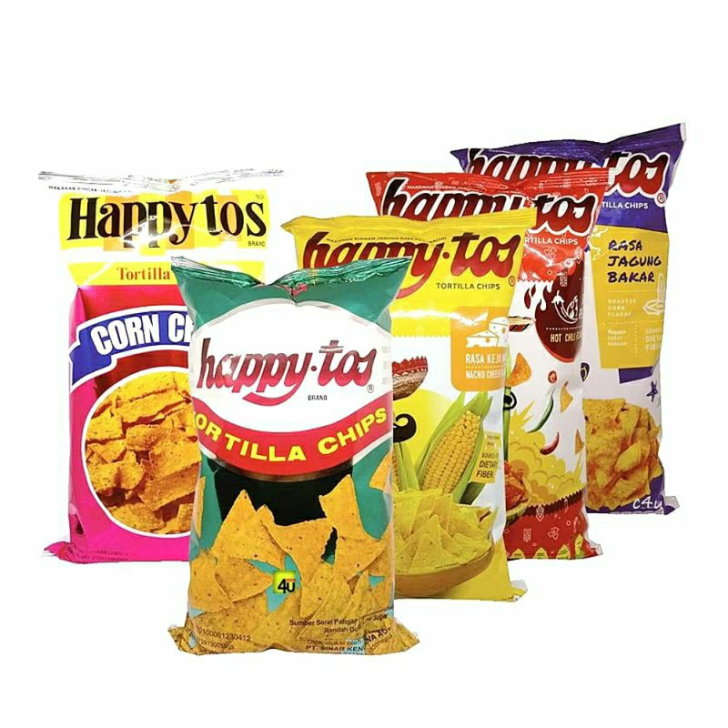 

HAPPY TOS TORTILLA & CORN CHIPS. KEMASAN HIJAU & MERAH