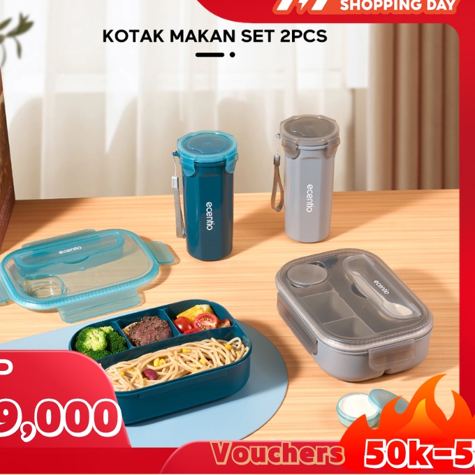 KP8 1 Anti Tumpahecentio  FOODI 4 Sekat Grid 12ml Kotak Makan Set anak dan ml botolLunch Box Set 4 G