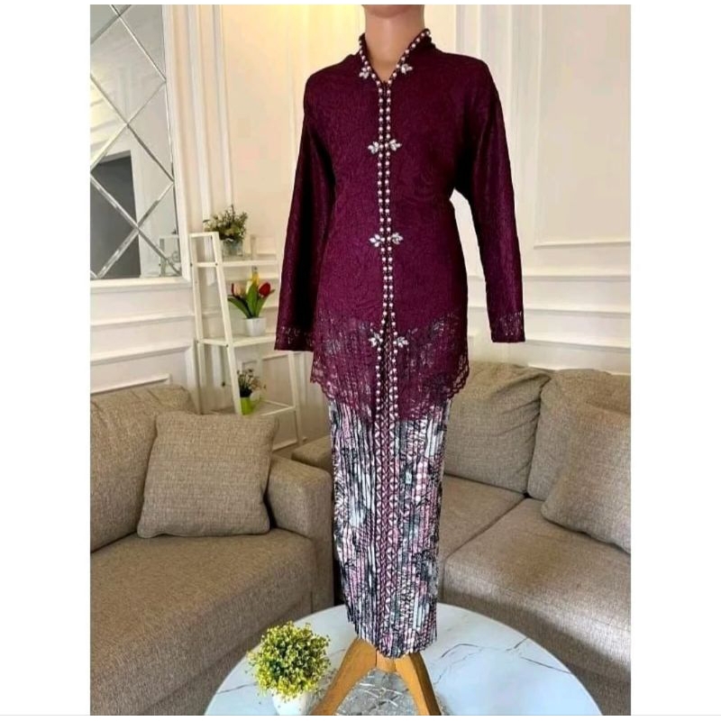 Stelan Kebaya Encim Anak Bahan Full Brokat Combinasi Payet Mutiara Free Hijab Kebaya Payet Mutiara A