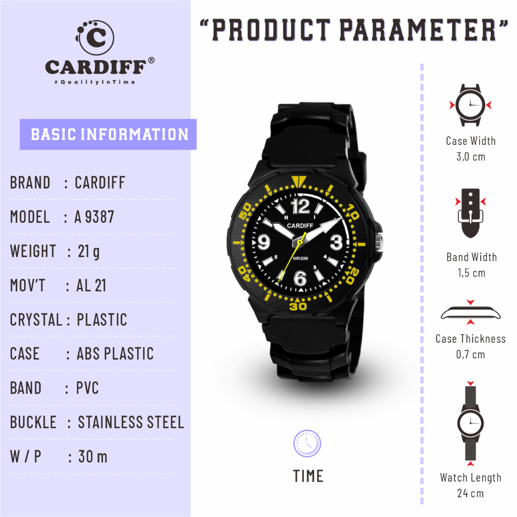 CARDIFF Jam Tangan Analog Karet 9387 | Tahan Air | 3ATM