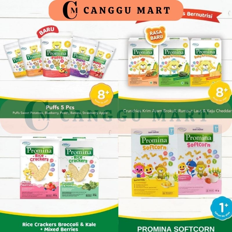 Promina Puff Crunchies Rice Crackers Softcorn Cemilan Bayi 8+ Bulan ke atas dan 1+ Tahun ke atas