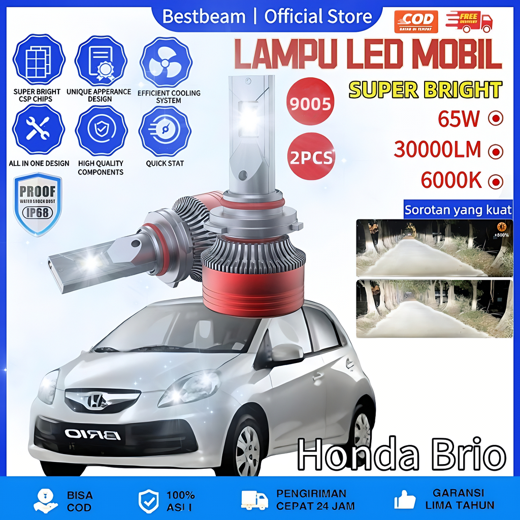 [Honda Brio] LAMPU LED MOBIL H4 H11 H1 H7 9005 9006 9012 65 WATT 30000LM 6000K SEPASANG