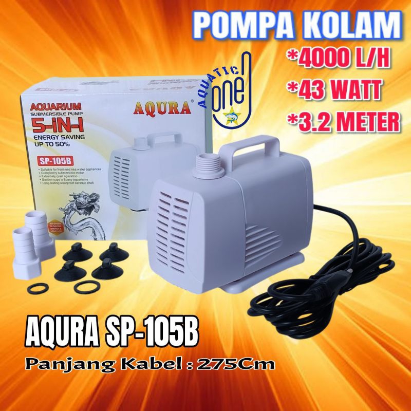 AQURA SP-105B  : mesin pompa sp 105 B filter kolam koi akuarium 4000 L/h liter perjam lph submersibl
