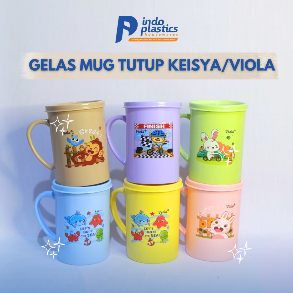 Gelas Mug Tutup Keisya Viola/Gelas Karakter Plastik Anak/Souvenir Ulang Tahun
