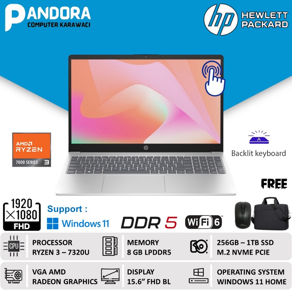 LAPTOP HP 15 RYZEN 3 7320 8GB DDR5 1TB SSD WIN11 15.6"FHD TOUCHSCREEN
