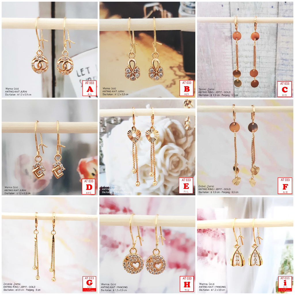 AT 033 Anting Wanita Model Jurai Panjang Permata Zirkon Perhisan Imitasi Lapis Emas Aksesoris Wanita