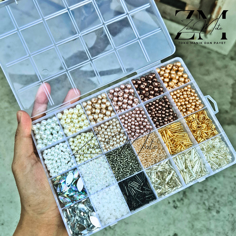 Kotak Box Sekat Berisi 24 Manik Payet Mutiara Sintetis, Pasir Jepang, Bambu, Diamon Berbagai Ukuran 